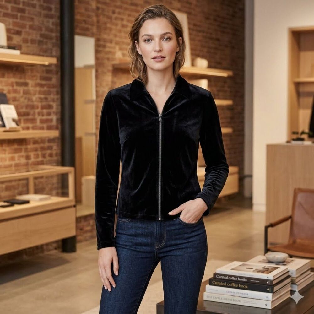 Vintage J.Crew Velvet Track Jacket Womens XL Black Velour 90s Zip Up